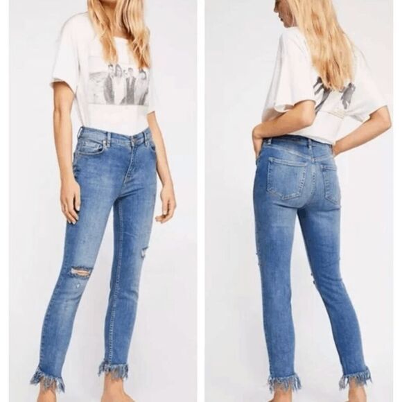 Free People High Rise Skinny Frayed Hem Jeans Distressed Medium Wash Size 27 - Picture 1 of 15